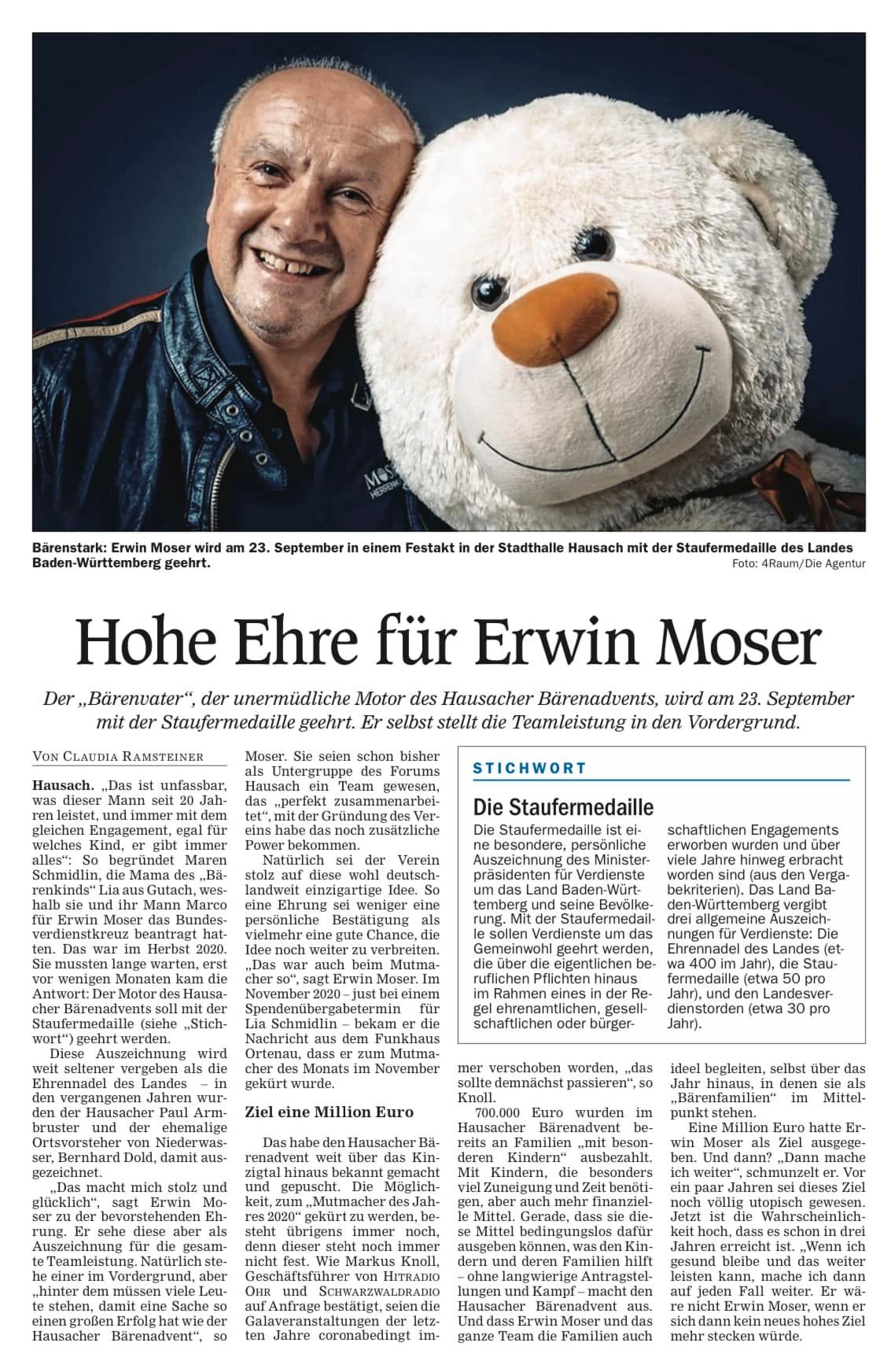 Hohe Ehre für Erwin Moser – Artikel des Offenburger Tageblatts